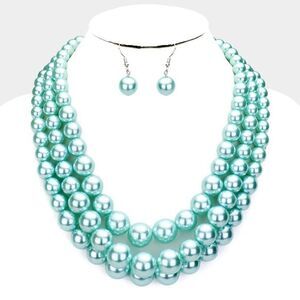 Aqua Blue Pearl (faux) Triple Strand Necklace & Earring Set